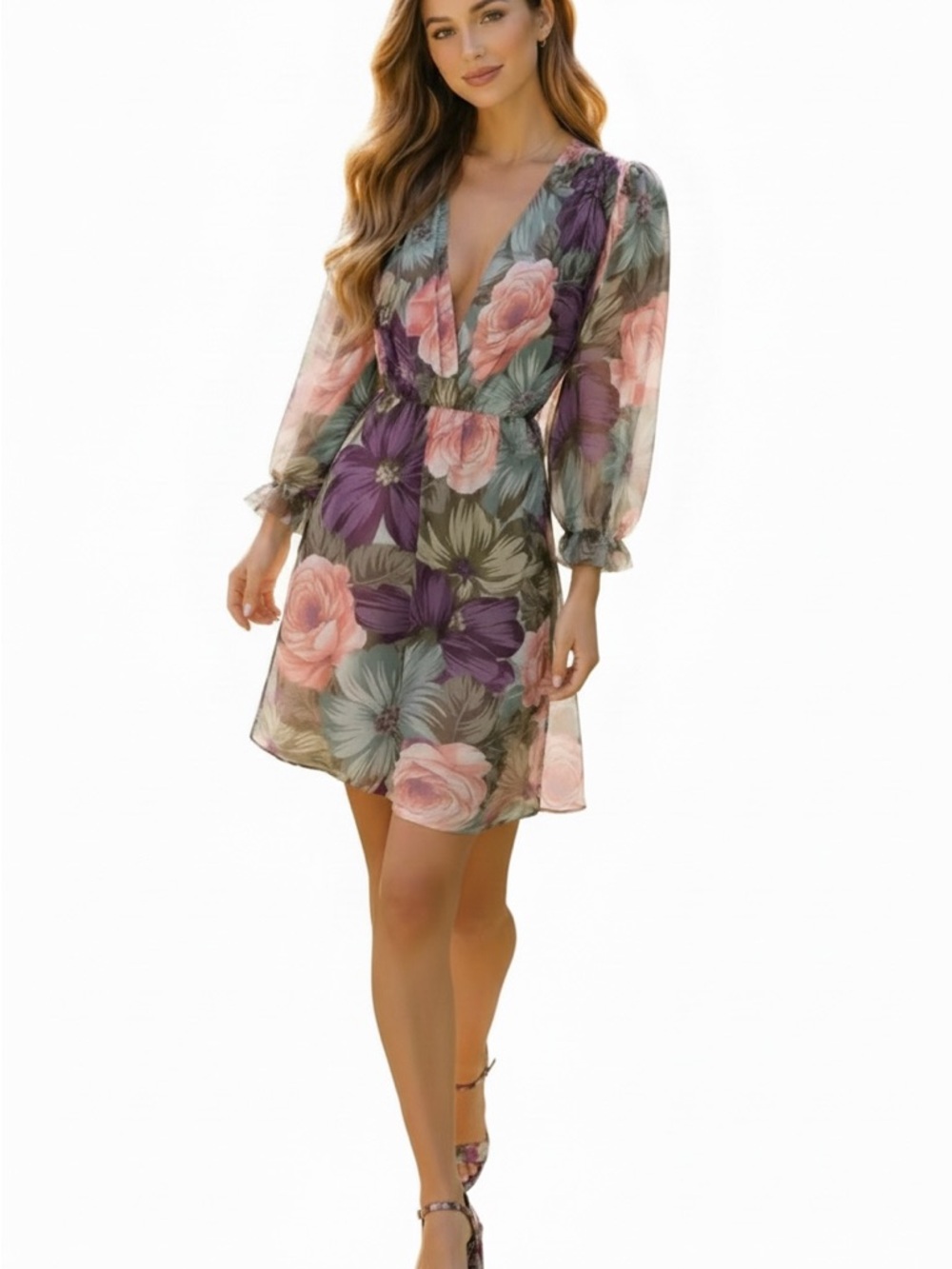 Cachet Long Sleeve Dress with Floral Print - Purple, Pink, Green